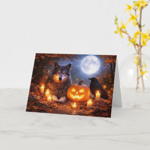 Wolf Eule Rabe Frohes Halloween im Herbst Szene Karte
