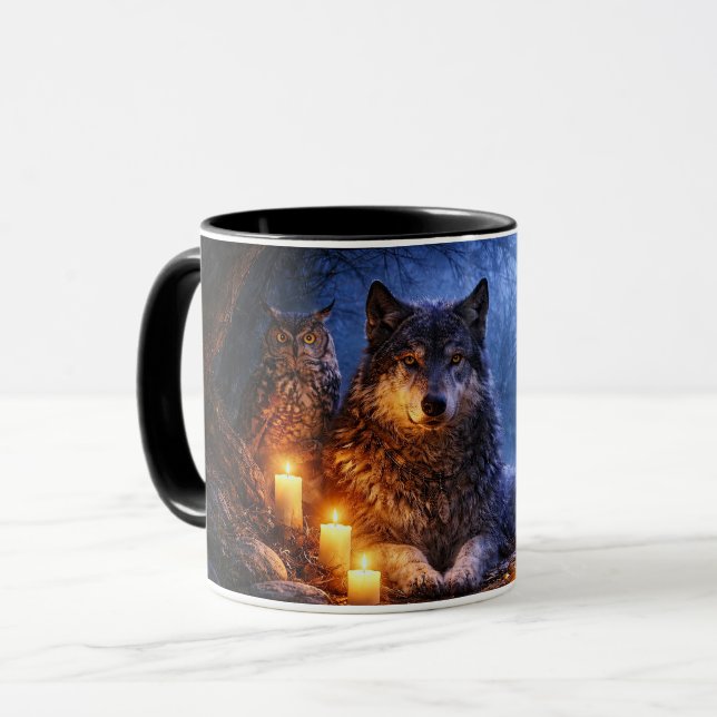 Wolf Eule Rabe Mystischer Kaffeebecher Tasse (Vorderseite Links)