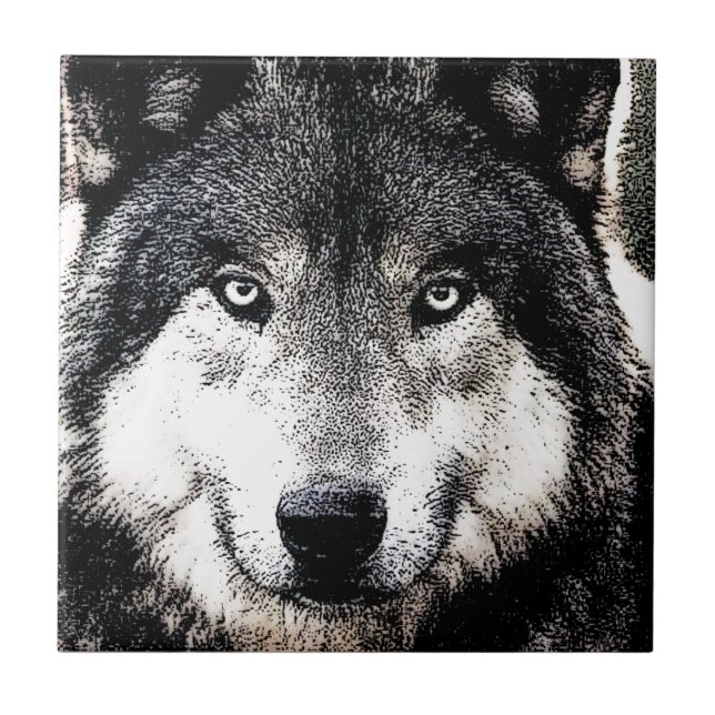 Wolf Eyes - Black & White Wild Animal Artwork Fliese (Vorderseite)