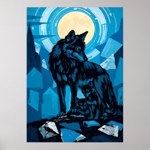 Wolf-Familie um Mitternacht unter Vollmond Poster