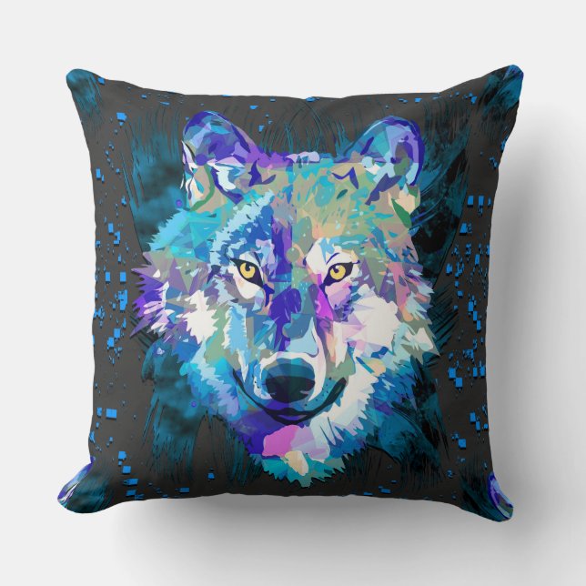 Wolf | Farbiger Wolf Zeichnend | Grauer Wolf Kissen (Vorderseite)