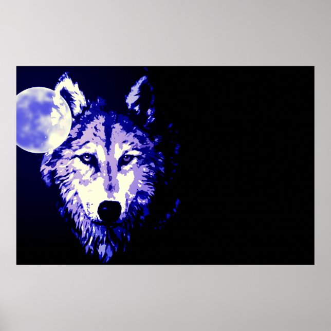 Wolf Fullmoon Blue Black Poster (Vorne)