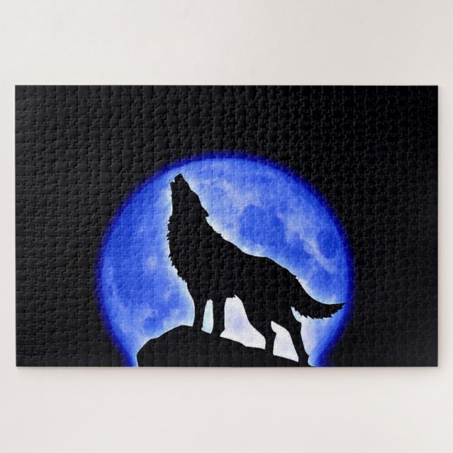 Wolf Fullmoon & Blue Night - Wilde Tiere Art (Horizontal)