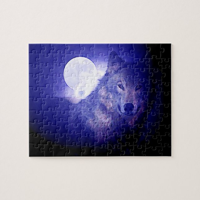 Wolf Fullmoon & Blue Night - Wilde Tiere Art (Horizontal)
