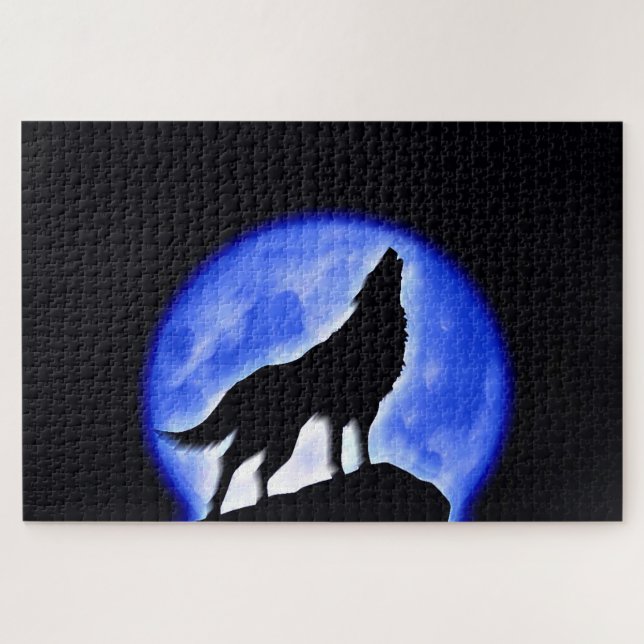 Wolf Fullmoon & Blue Night - Wilde Tiere Art (Horizontal)