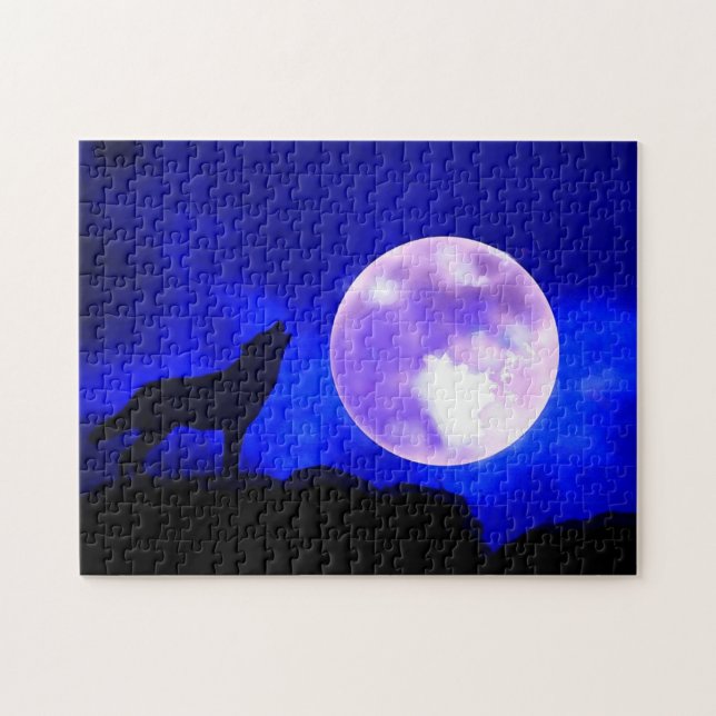 Wolf Fullmoon & Blue Night - Wilde Tiere Art (Horizontal)