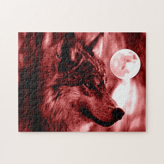 Wolf Fullmoon & Red Night - Wilde Tiere Kunst (Horizontal)