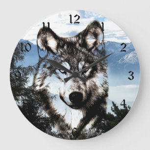 Wolf-Gesicht Große Wanduhr