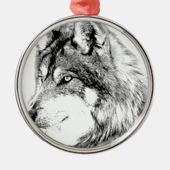 Wolf-Gesicht. Majestätischer Wolf starrt in den Silbernes Ornament (Vorne)