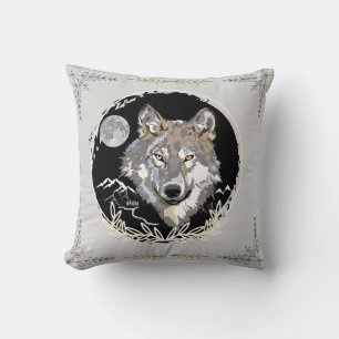 Wolf Gray Black Throw Pillow Kissen