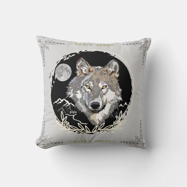 Wolf Gray Black Throw Pillow Kissen (Vorderseite)