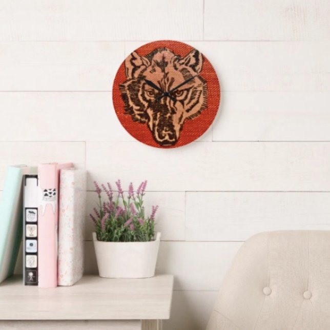 Wolf Head on Red Große Wanduhr (Wolf Head on Red  Design high-quality wall clock vibrantly printed non-ticking design.

)
