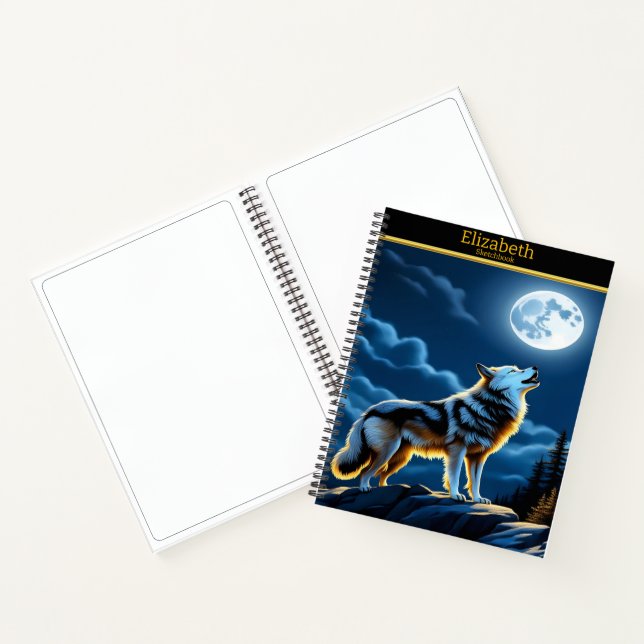 Wolf heult am Mond am Nachthimmel Notizbuch (Innenseite)