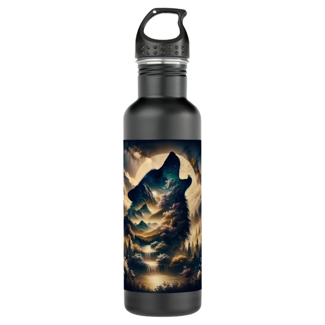Wolf heult am Mond an einer wolkigen Nacht Edelstahlflasche (Vorderseite)