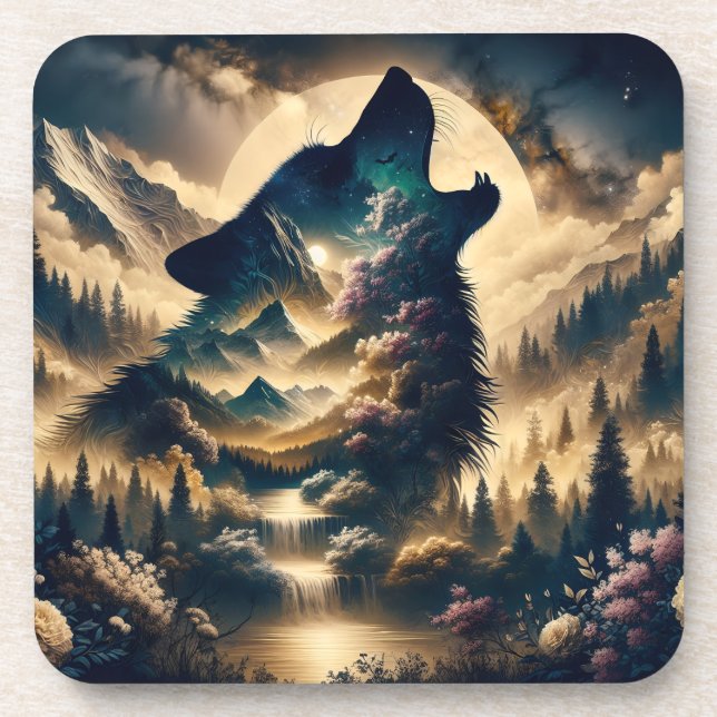 Wolf heult am Mond an einer wolkigen Nacht Getränkeuntersetzer (Vorderseite)