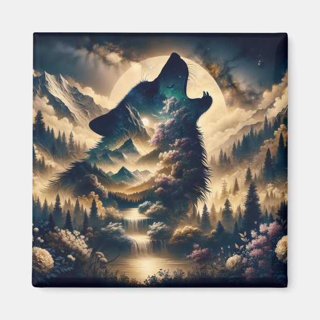 Wolf heult am Mond an einer wolkigen Nacht Magnet (Vorne)