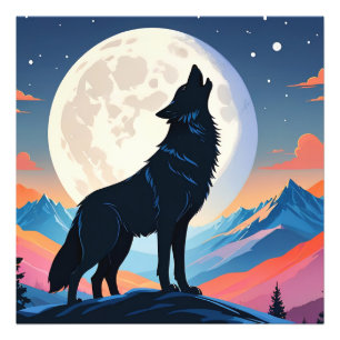 Wolf heult am Mond Fotodruck