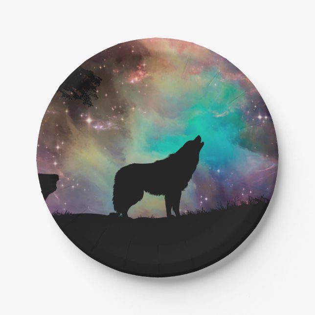 Wolf heult auf das Universum Pappteller (Vorderseite)