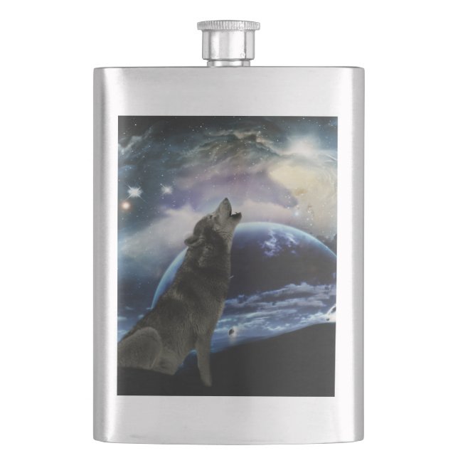 Wolf heult auf dem Mond Flachmann (Vorderseite)