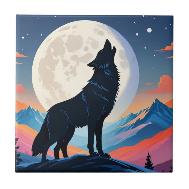 Wolf heult auf dem Mond Fliese (Vorderseite)