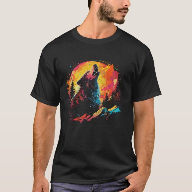 Wolf heult auf dem Mond helle farbenfrohe Nachtmän T-Shirt (Vorderseite)