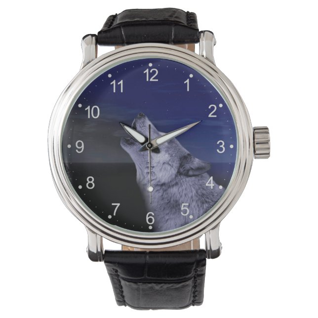 Wolf heult auf dem Mond im Meer Armbanduhr (Vorderseite)