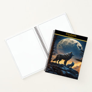 Wolf heult auf dem Mond in einer nächtlichen Lands Notizbuch