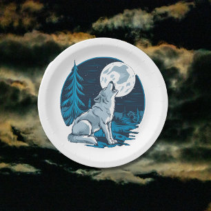 Wolf heult auf dem Mond Pappteller