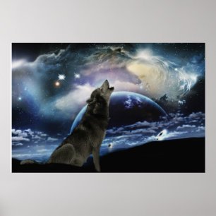 Wolf heult auf dem Mond Poster