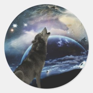 Wolf heult auf dem Mond Runder Aufkleber