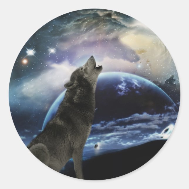 Wolf heult auf dem Mond Runder Aufkleber (Vorderseite)