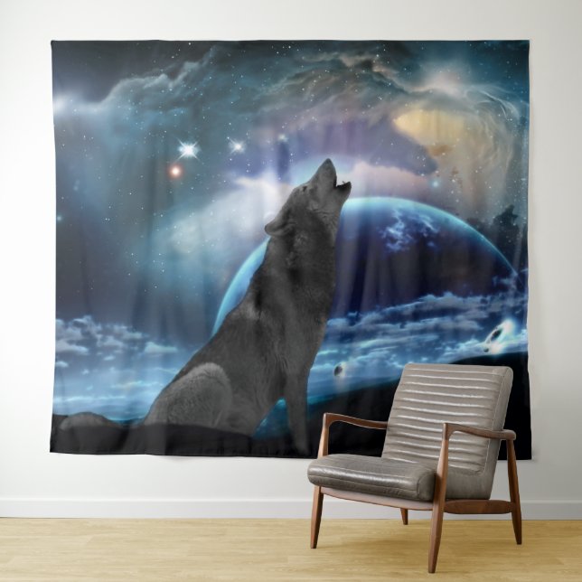 Wolf heult auf dem Mond Wandteppich (Beispiel (Horizontal))