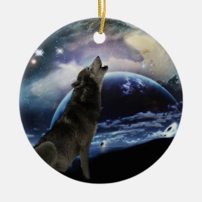 Wolf heult auf dem Mond Weihnachtsbaum Keramik Ornament (Vorne)