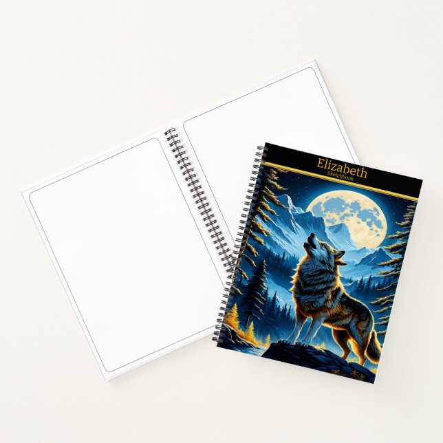 Wolf heult auf Vollmond in den Bergen Notizbuch (Innenseite)