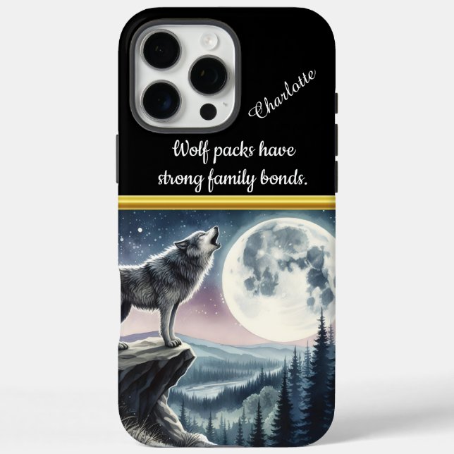 Wolf heult auf Vollmond in einem ruhigen Wald iPhone 16 Pro Max Hülle (Rückseite)