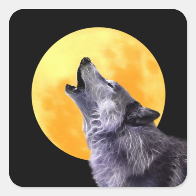 Wolf heult auf Vollmond Quadratischer Aufkleber (Vorderseite)