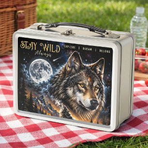 Wolf heult den Mond an Wald Wildnis Natur Metall Brotdose