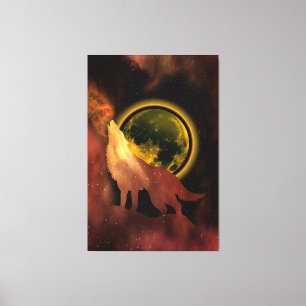 WOLF HEULT IM MOND GALAXIE IM WELTRAUM    LEINWANDDRUCK