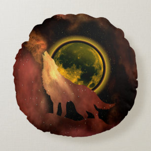WOLF HEULT IM WELTRAUM MOND GALAXIE RUNDES KISSEN