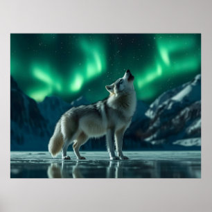 Wolf heult unter dem Nordlicht Poster