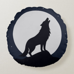 Wolf heult zum Mond Rundes Kissen
