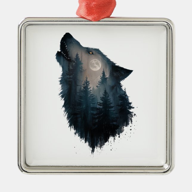 Wolf Howl Forest Moon Ornament Aus Metall (Vorne)