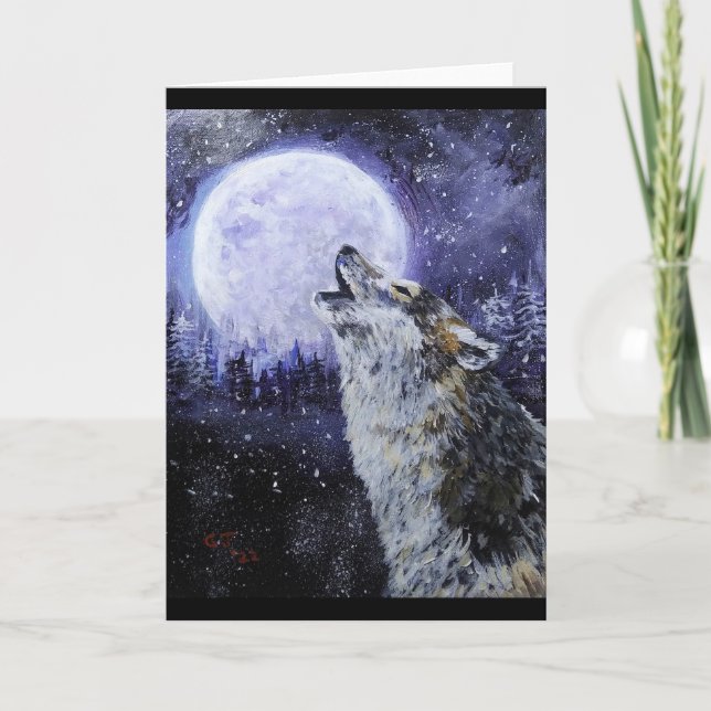 Wolf Howl und Mond Winter Karte (Vorderseite)