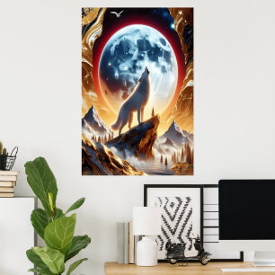 Wolf Howling am Crimson Moon Poster