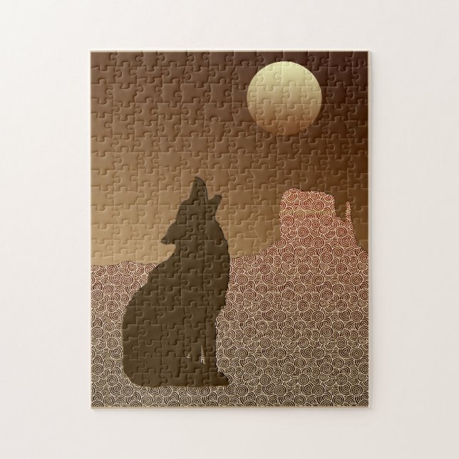 Wolf Howling am Mond in Brown und Tan Jigsaw P (Vertikal)