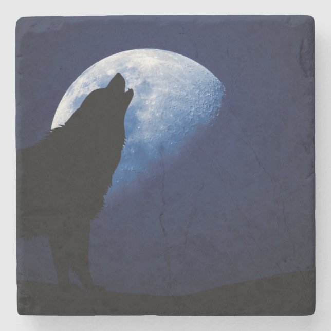 Wolf Howling am Mond Steinuntersetzer (Vorderseite)