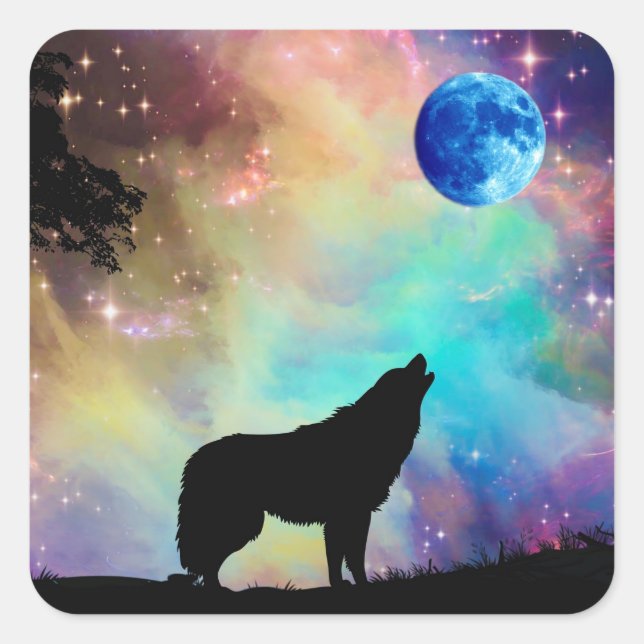 Wolf Howling am Mondgalaxie Sternentier Quadratischer Aufkleber (Vorderseite)