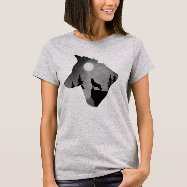 Wolf Howling an der Mondlandung-Silhouette T-Shirt (Vorderseite)