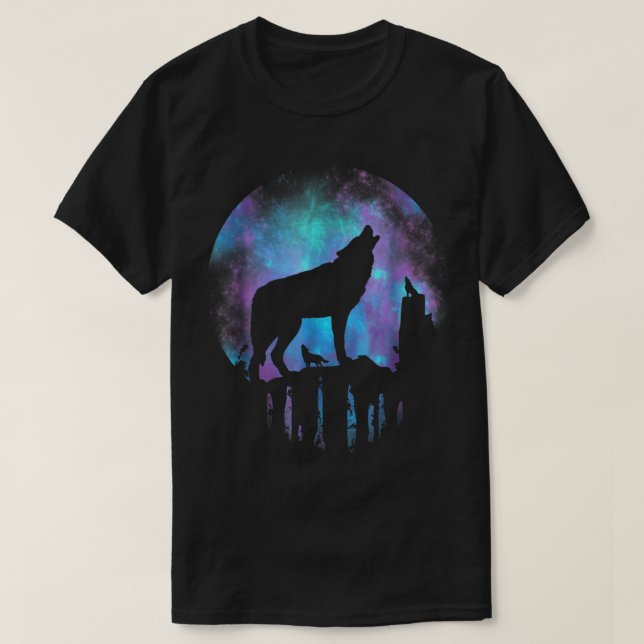 Wolf Howling at Galaxy Moon Art T-Shirt (Design vorne)