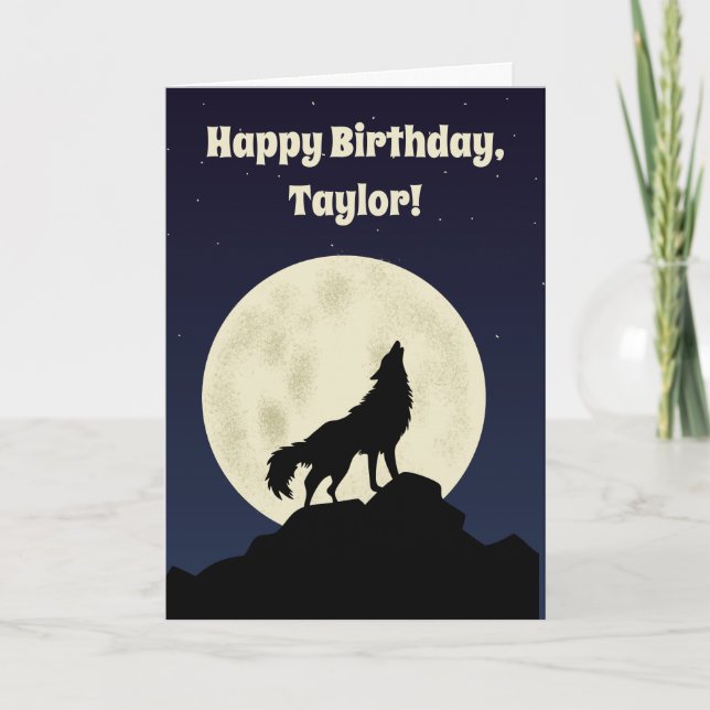 Wolf Howling auf dem Mond Illustration Personalisi Karte (Vorderseite)